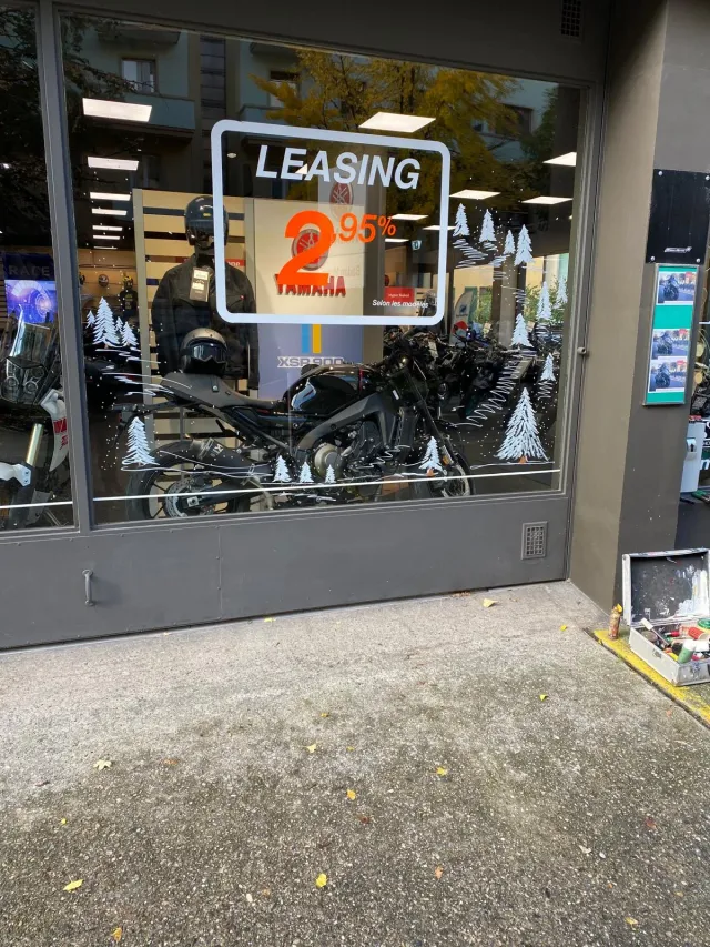 Vitrine avec décor d’hiver et affichage commercial